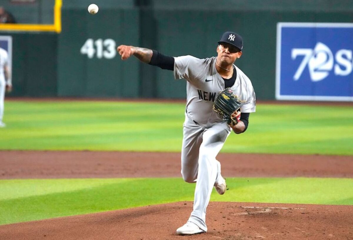 Yankees pitcher Luis Gil pitches against the Diamondbacks at Chase Field on April 1, 2024.