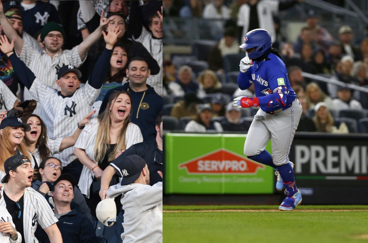 Vladimir Guerrero of the Blue Jays makes a slushing gesture after hitting a home run vs. Yankees at Yankee Stadium on April 6, 2024.