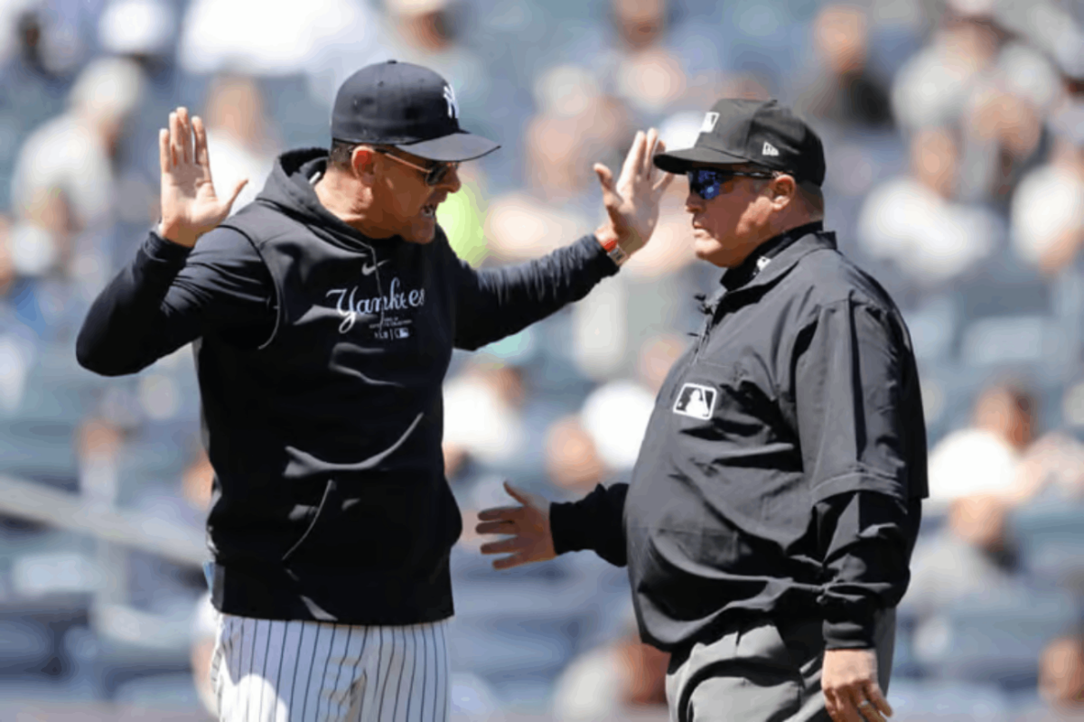 Aaron Boone protests after umpire Hunter Wendelstedt ejected him in the first innings of the Yankees vs. Athletics game at Yankee Stadium on April 22, 2024.