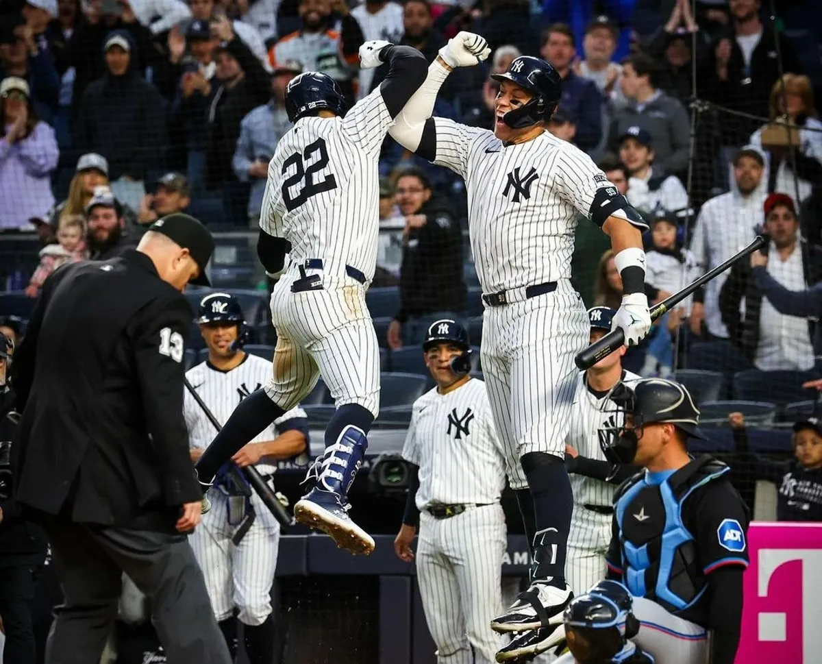Juan Soto is with Aaron Judge after hitting a home run in the Yankees' 7-0 win vs. the Marlins at Yankee Stadium on April 8, 2024.