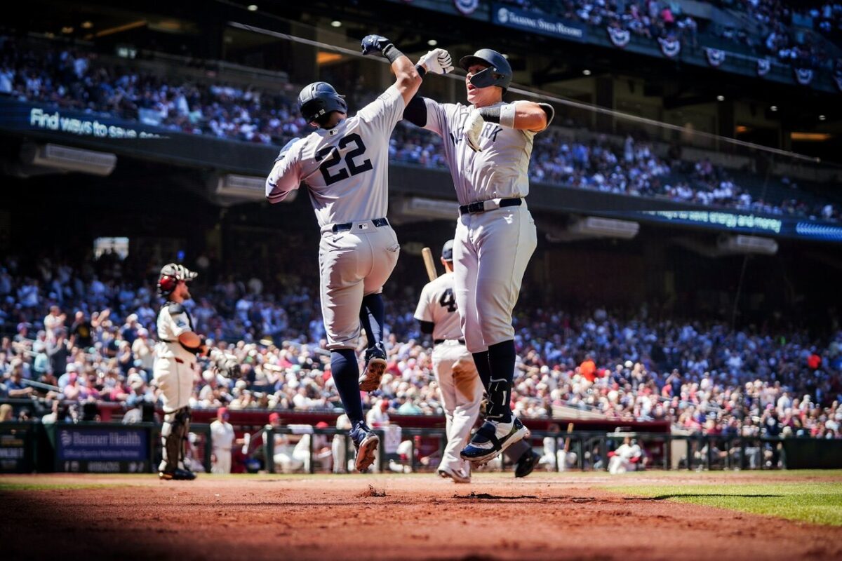 Aaron Judge and Juan Soto celebrates after former's home run in the Yankees vs. Diamondbacks game in Phoenix on April 3, 2024.