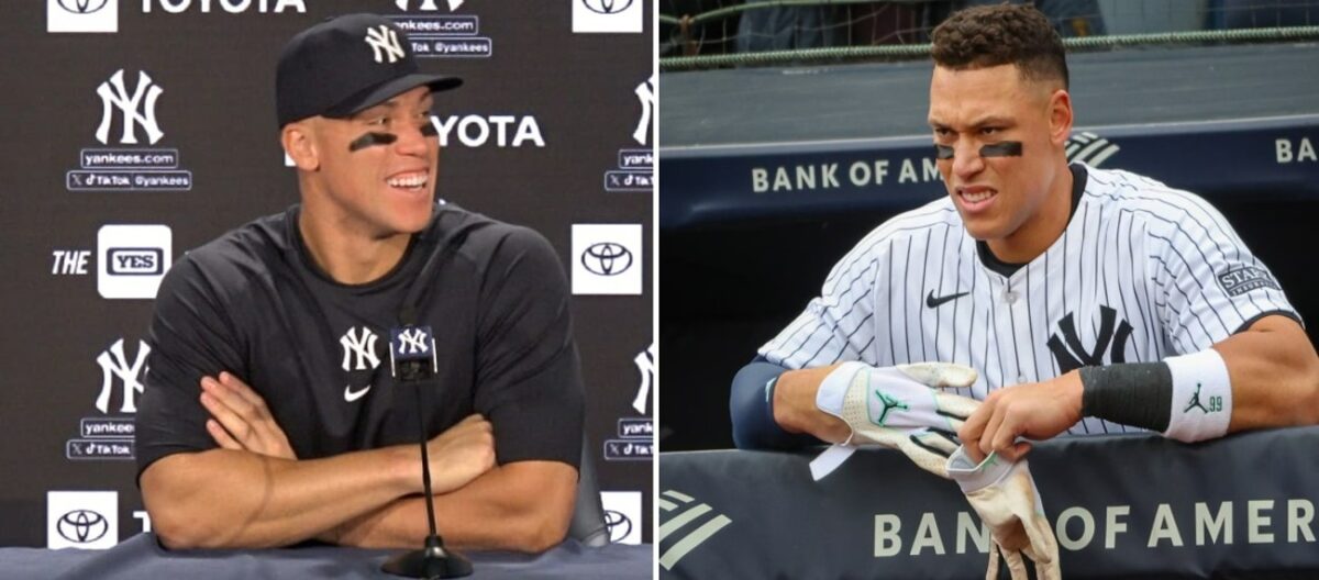 Aaron Judge is at dugout during the Yankees home opener on April 5, 2024 and in the post-game press meet talking about the New York earthquake.