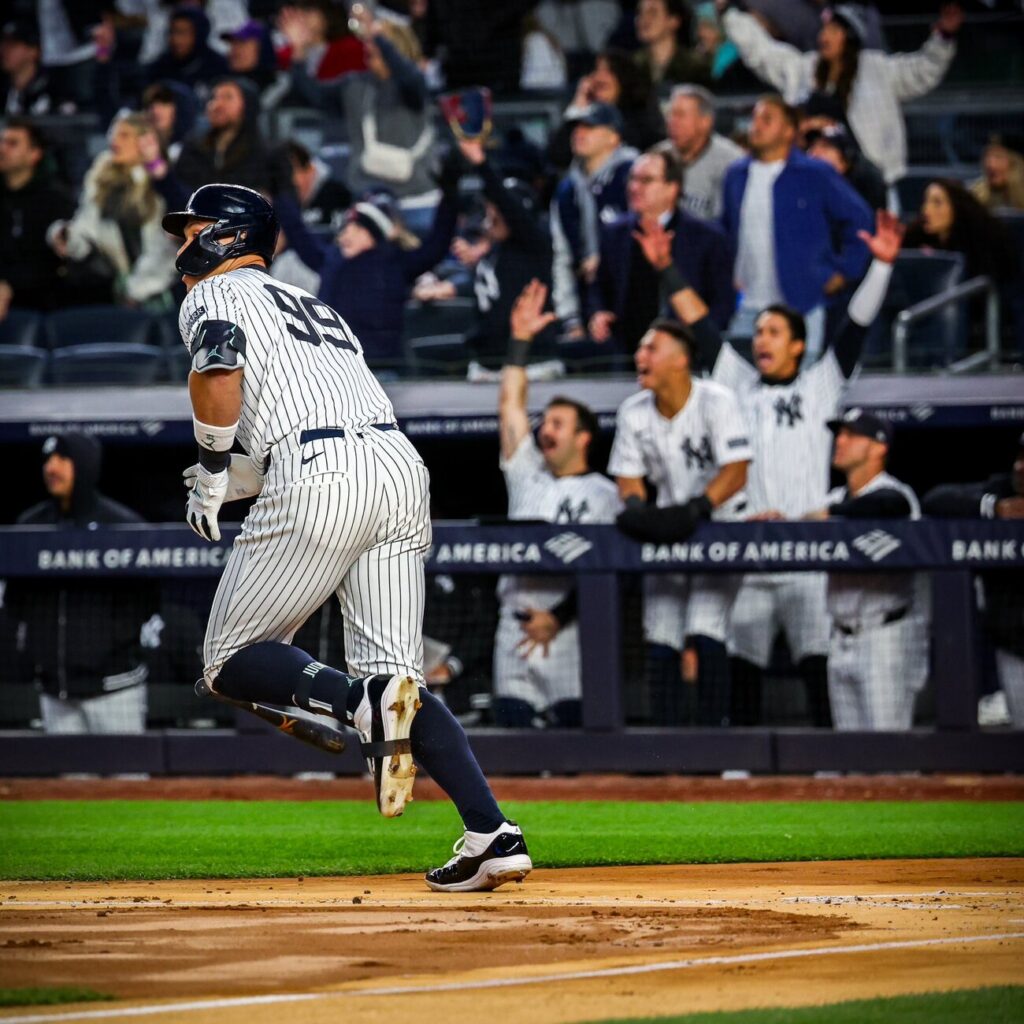 The Yankees dugout is in eruption after Aaron Judge blasts a 425-ft home run against the Blue Jays at Yankee Stadium on April 6, 2024.