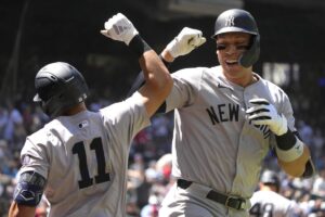 Aaron Judge, celebrating the Yankees' victory over the Arizona Diamondbacks, on April 3rd, 2024