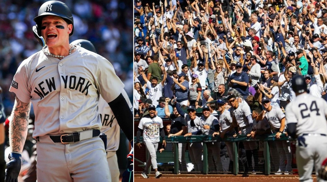 Alex Verdugo celebrates after his home run against the Diamondbacks and the Yankees dugout cheers to welcome him at Chase Field on April 3, 2024.