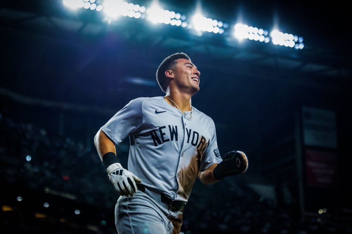 Anthony Volpe smiles after scoring an RBI for the Yankees in 5-2 win over Diamondbacks at Chase Field on April 1, 2024.