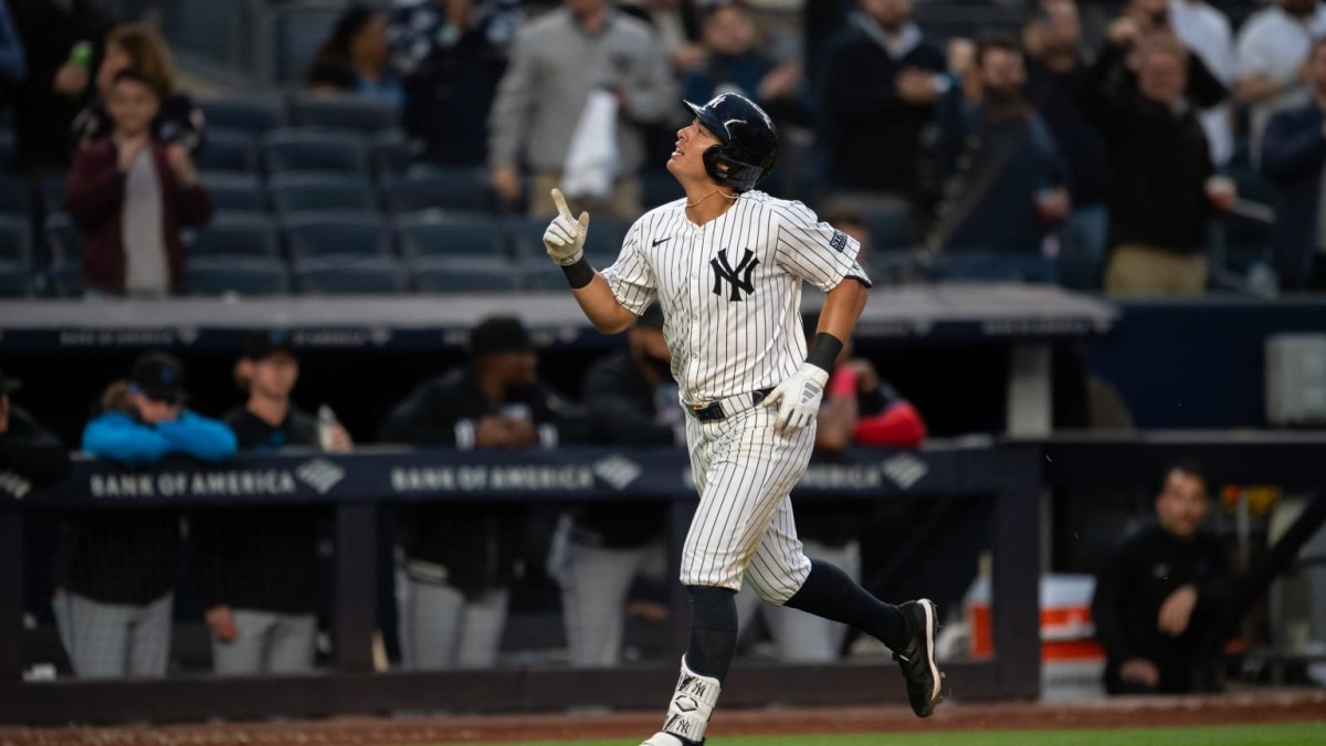 Anthony Volpe blasts a three-run homer, igniting the Yankees' scoreboard in the bottom of the 4th inning against the Miami Marlins last Wednesday, April 10, 2024.