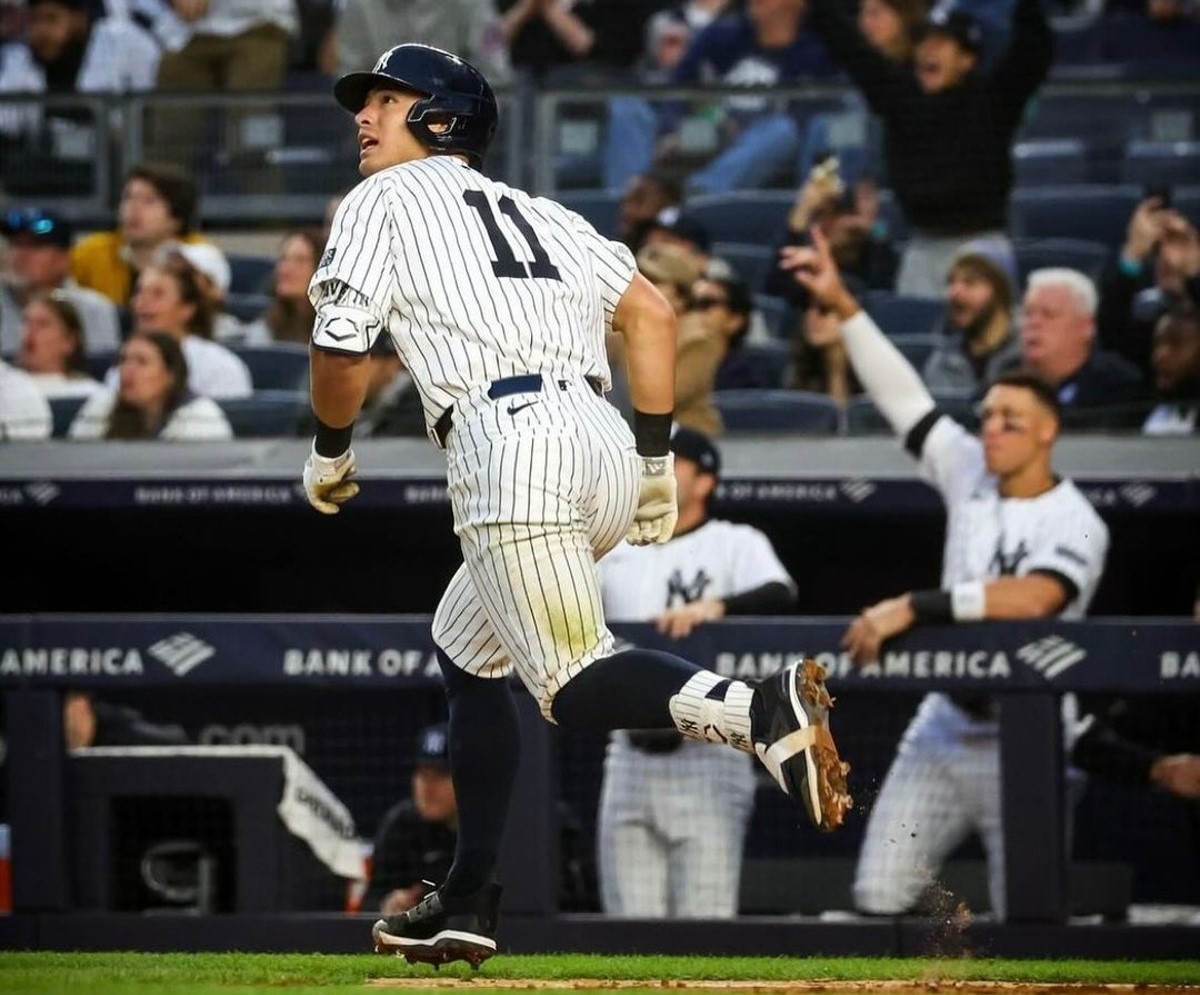 Yankees' Anthony Volpe runs after hitting a home run against Miami on April 9, 2024, at Yankee Stadium.