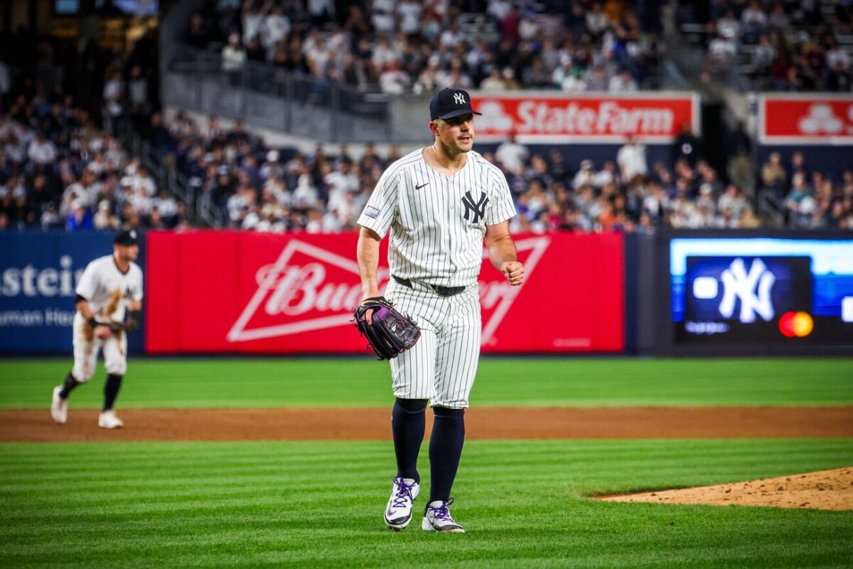 Yankees' Carlos Rodon leaves the mound at Yankee Stadium following his brilliant Start against Miami on April 9, 2024.
