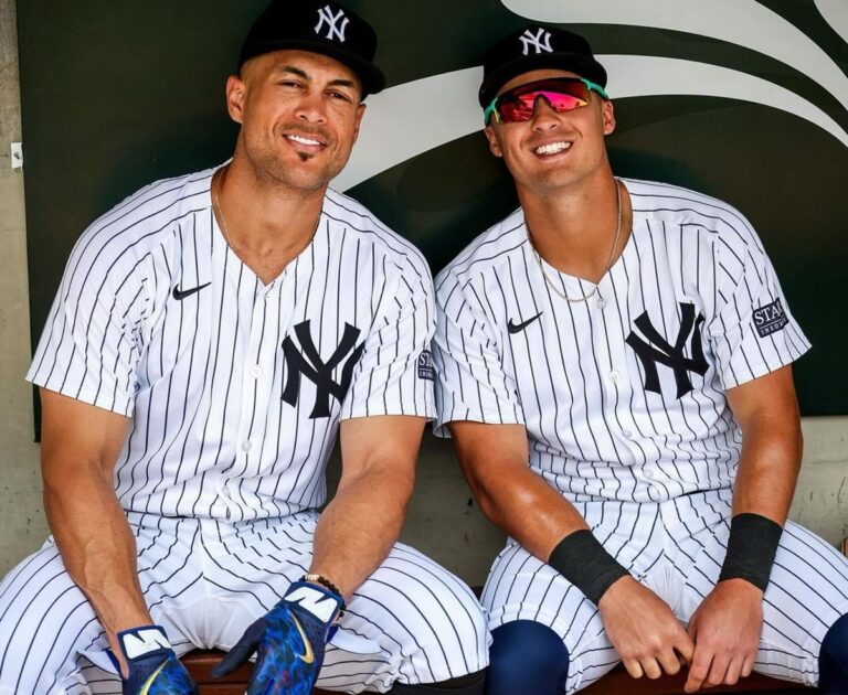 Giancarlo Stanton and Anthony Volpe are together prior to the Yankees' exhibition game in Mexico City on March 25, 2024.