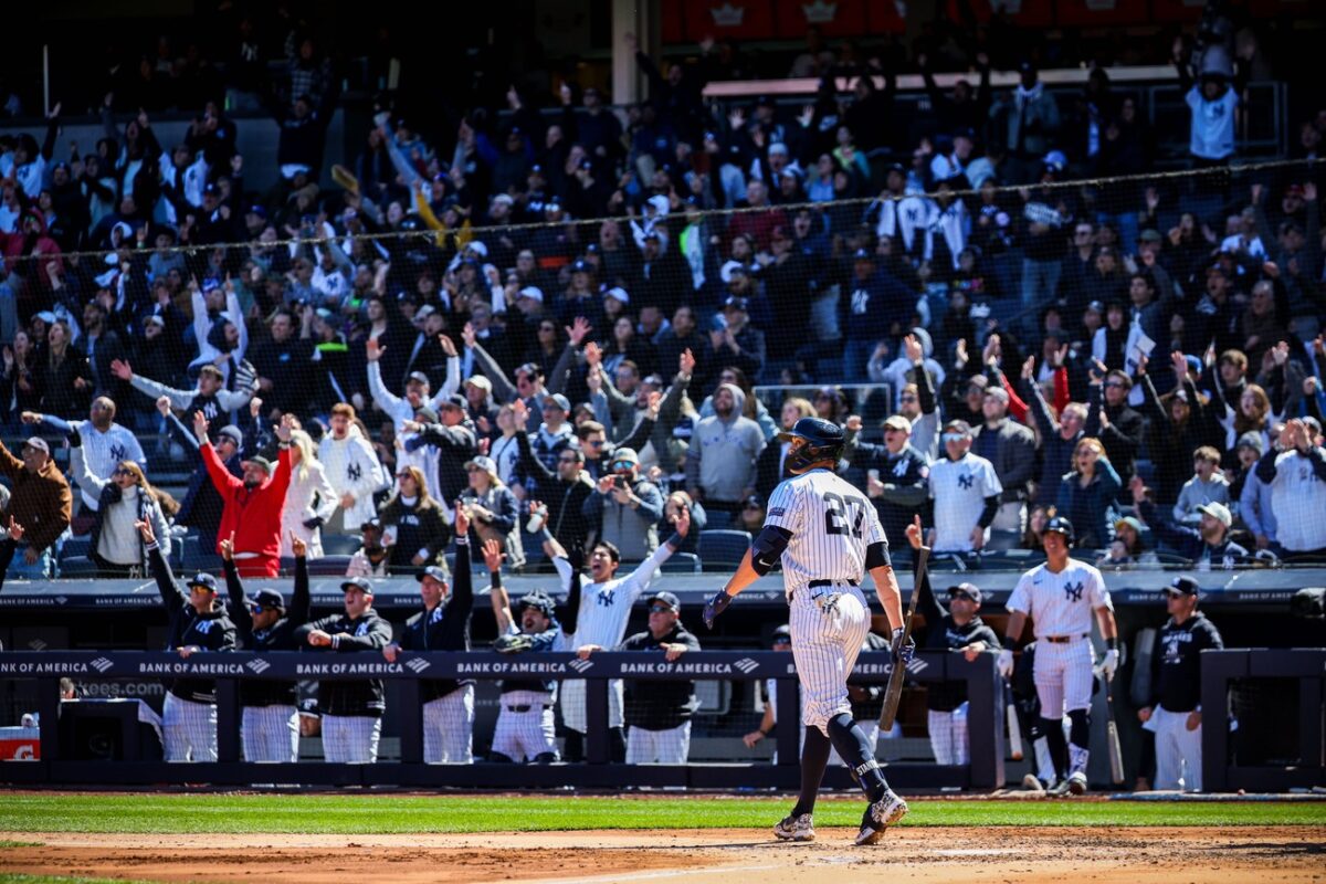 The Yankees teammates erupt in joy after Giancarlo Stanton hit a grand slam vs. the Blue Jays at Yankee Stadium on April 7, 2024/