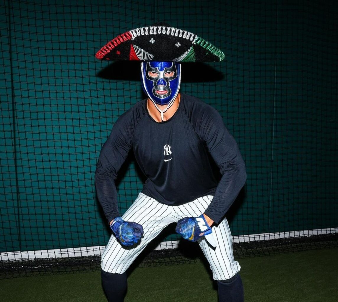 Yankees slugger Giancarlo Stanton is wearing a mask prior to exhibition game at Mexico on March 24, 2024.