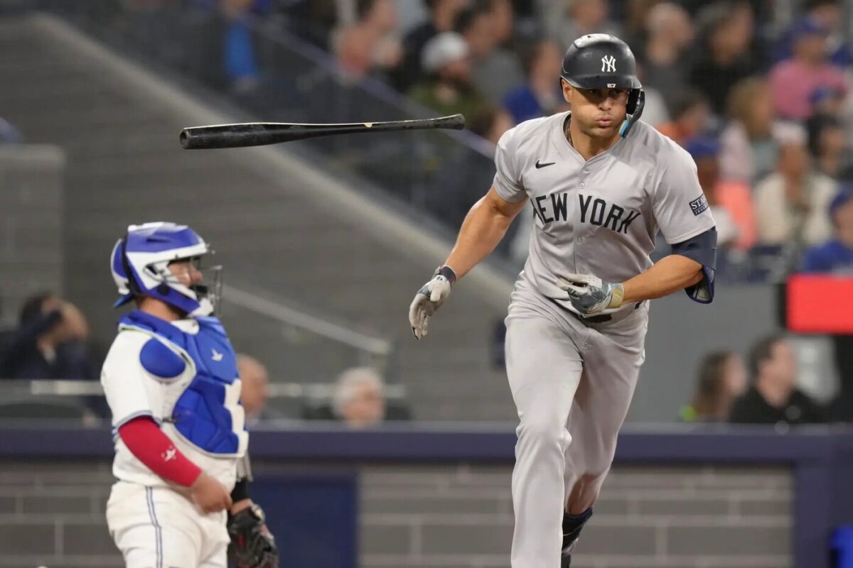 Yankees Giancarlo Stanton runs after hitting a huge 437-foot home run off Toronto righty Erik Swanson at 111.8 miles per hour at Roger Center on April 17, 2024.