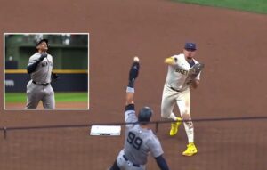 A relay throw from Brewers shortstop Willy Adames struck Aaron Judge's hand at 2B causing controversy at American Family Field on April 28, 2024.