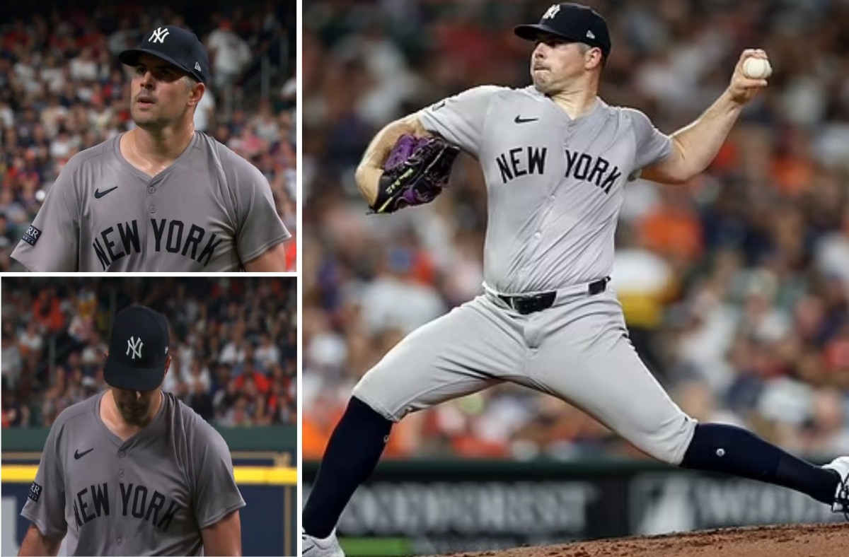 Yankees pitcher Carlos Rodon is sweating heavily in the new Nike jersey in Houston on March 29, 2024.
