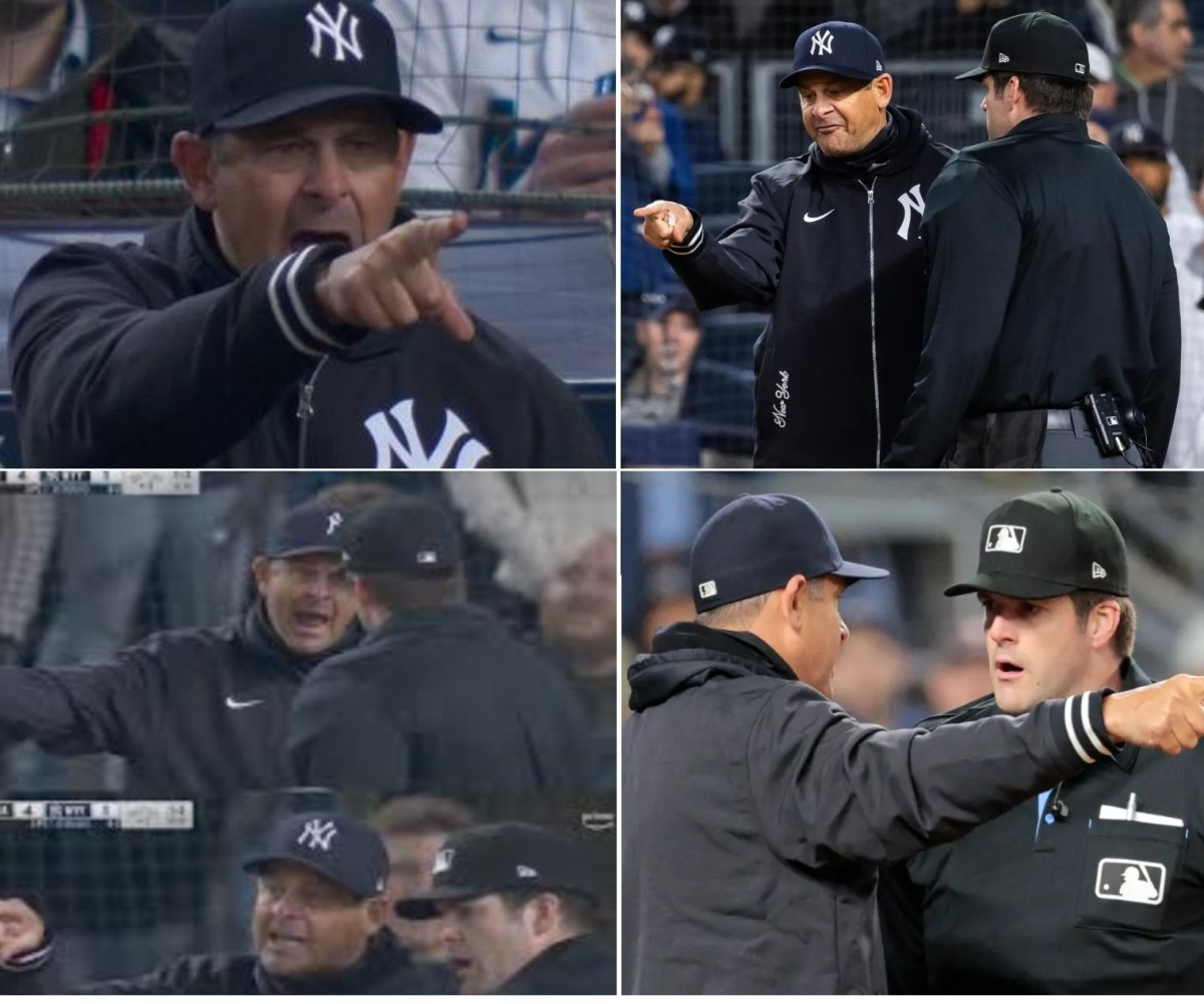 Yankees' Aaron Boone reacts following umpire's decision to eject him at Yankee Stadium on April 10, 2024.