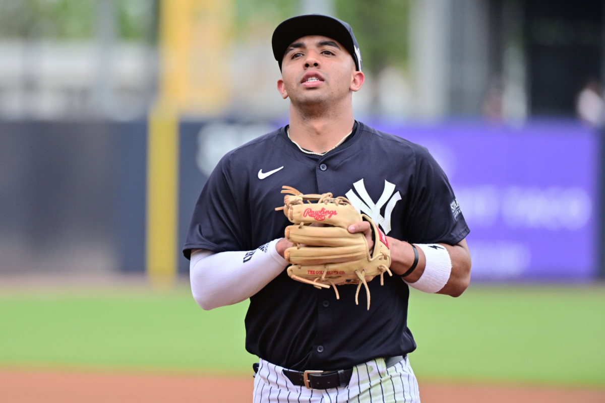 TAMPA, FLORIDA - MARCH 06: Oswald Peraza #91 of the New York Yankees looks on during a 2024 Grapefruit League Spring Training game against the Tampa Bay Rays at George M. Steinbrenner Field on March 06, 2024 in Tampa, Florida.
