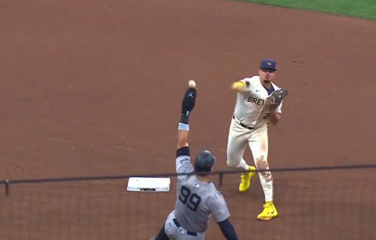 A relay throw from Brewers shortstop Willy Adames struck Aaron Judge's hand at 2B causing controversy at American Family Field on April 28, 2024.