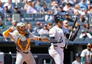 Juan Soto, a New York Yankees player, facing off against the Oakland Athletics on April 22, 2024, at Yankee Stadium in the Bronx, New York, USA.