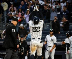 Juan Soto celebrates Anthony after hitting a home run in the Yankees' 7-0 win vs. the Marlins at Yankee Stadium on April 8, 2024.