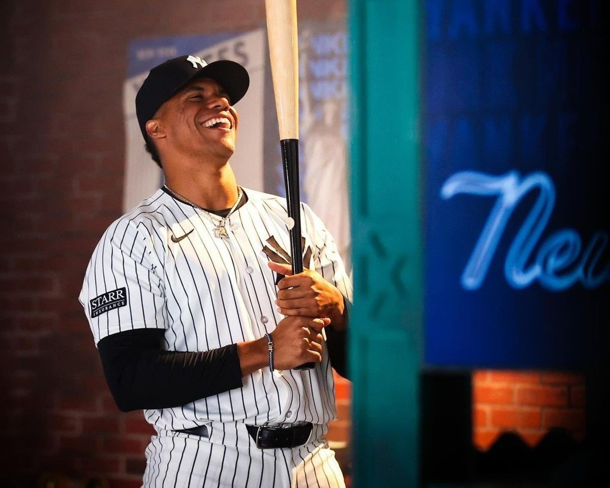 Juan Soto is posing in the Yankees' pinstripes in February 2024.
