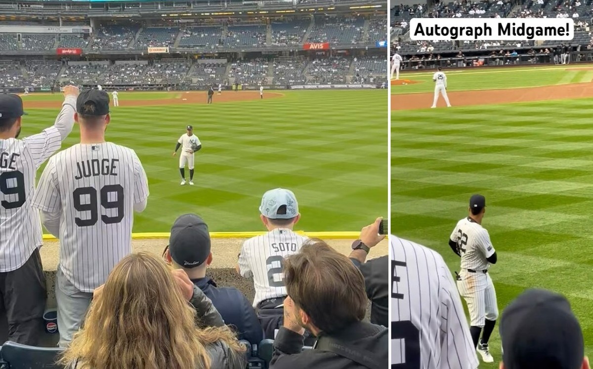 Yankees slugger Juan Soto rushes to sign autographs as Nestor Cortes starts pitching at Yankee Stadium on April 8, 2024.