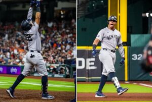 Juan Soto celebrates after a hit during the Yankees-Astros game on March 31, 2024 at Minute Maid Park.