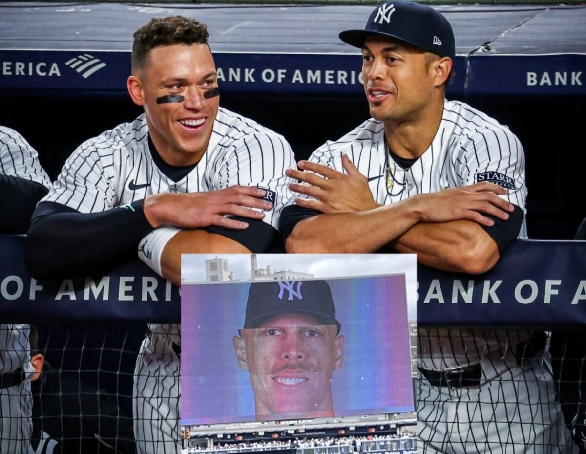 Aaron Judge and Giancarlo Stanton are in Yankee Stadium on April 5, 2024 and their hybrid image on the scoreboard.
