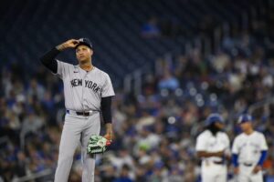 Yankees' Luis Gil looks frustrated during the Blue Jays game in Toronto on April 15, 2024.