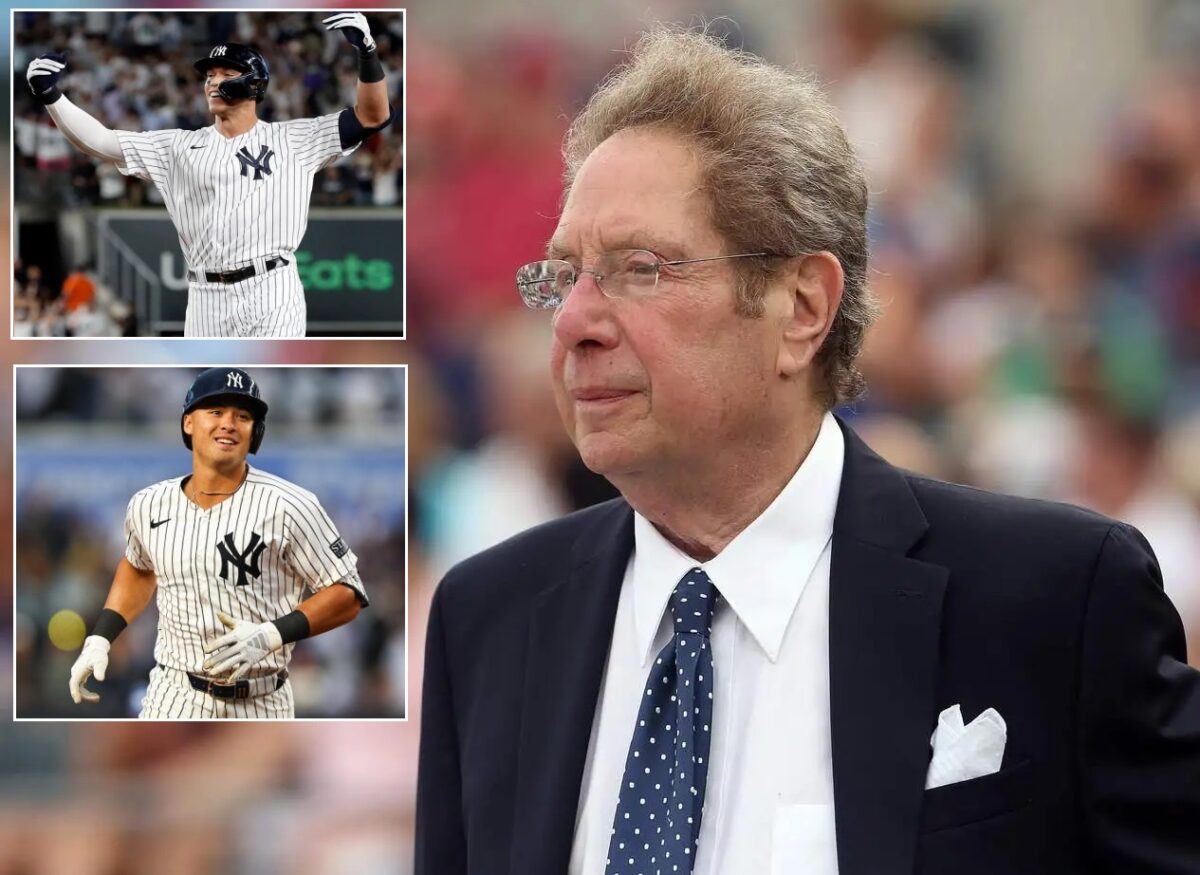 Aaron Judge and Anthony Volpe and Yankees' long-time voice John Sterling.