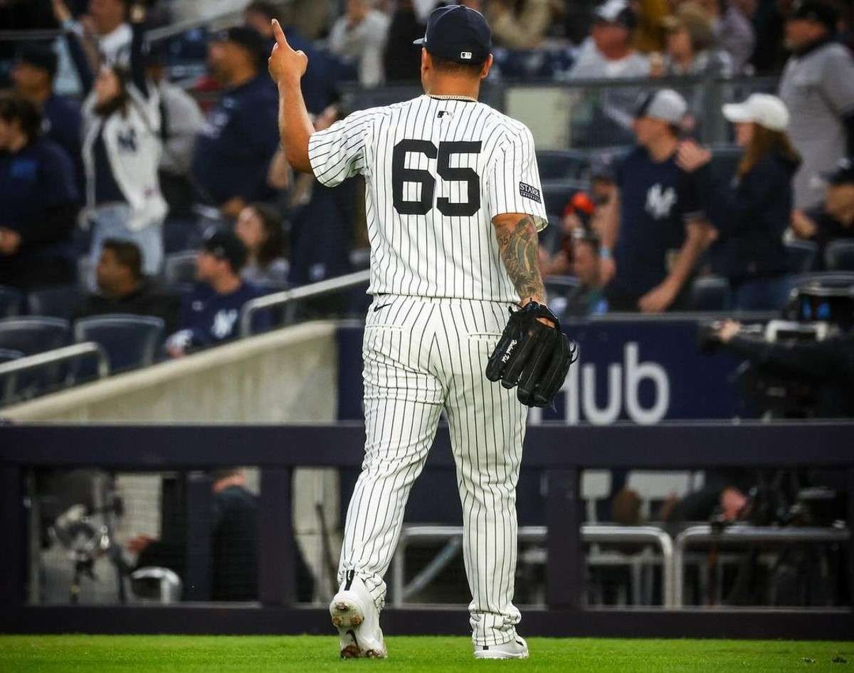 Nestor Cortes is back to dugout after eight shutout innings in the Yankees' 7-0 win vs. the Marlins at Yankee Stadium on April 8, 2024.