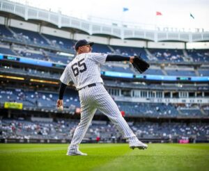 Nestor Cortes is in action during eight shutout innings in the Yankees' 7-0 win vs. the Marlins at Yankee Stadium on April 8, 2024.