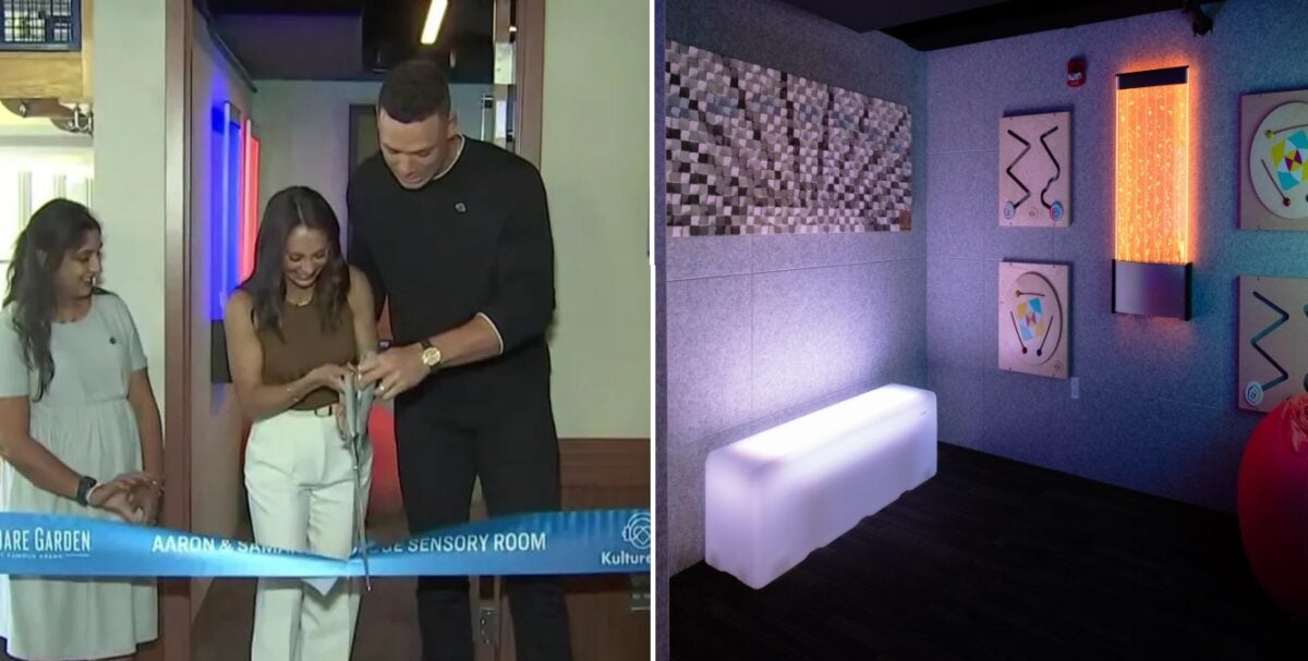 Aaron Judge, wife opens a nonprofit's sensory room project at Madison Square Garden funded by them on April 11, 2024.