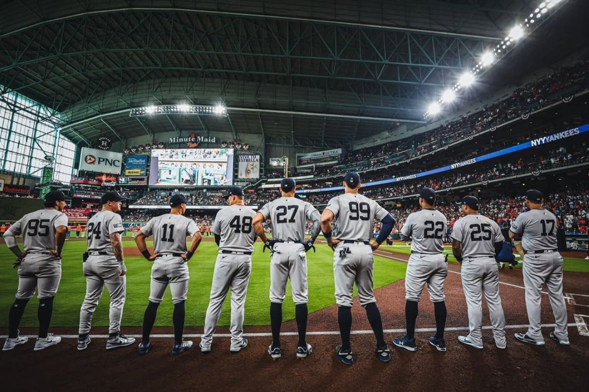 The New York Yankees team at Minute Maid Park, Houston, on March 28, 2024.