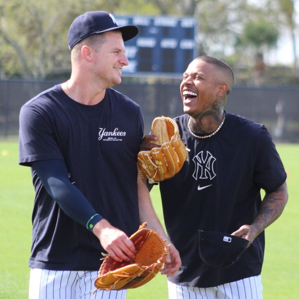 Yankees' Marcus Stroman and Clarke Schmidt at spring training 2024.