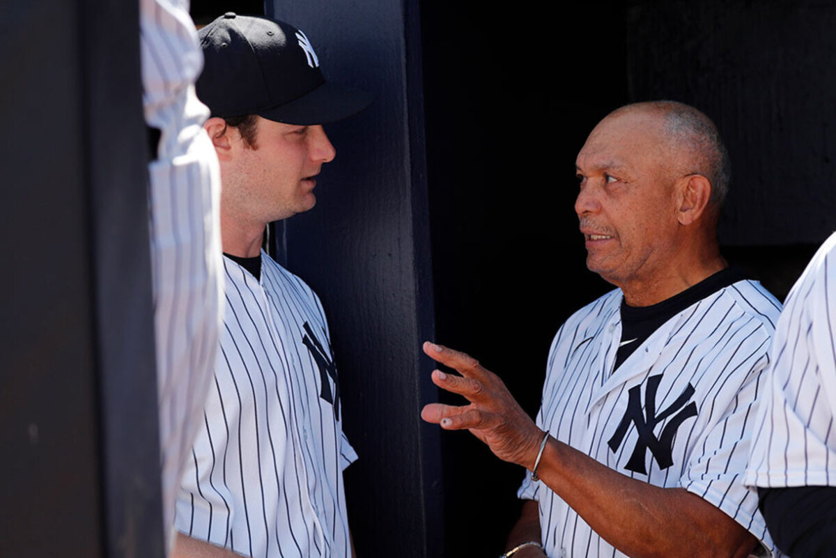 Yankees legend Reggie Jackson is with Gerrit Cole at Yankee Stadium in 2023.
