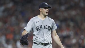 Yankees pitcher Carlos Rodon is in action against the Blue Jays in Toronto on April 16, 2024.