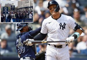 Aaron Judge receives boos by Yankees fans at Yankee Stadium on his bobblehead night on April 20, 2024.