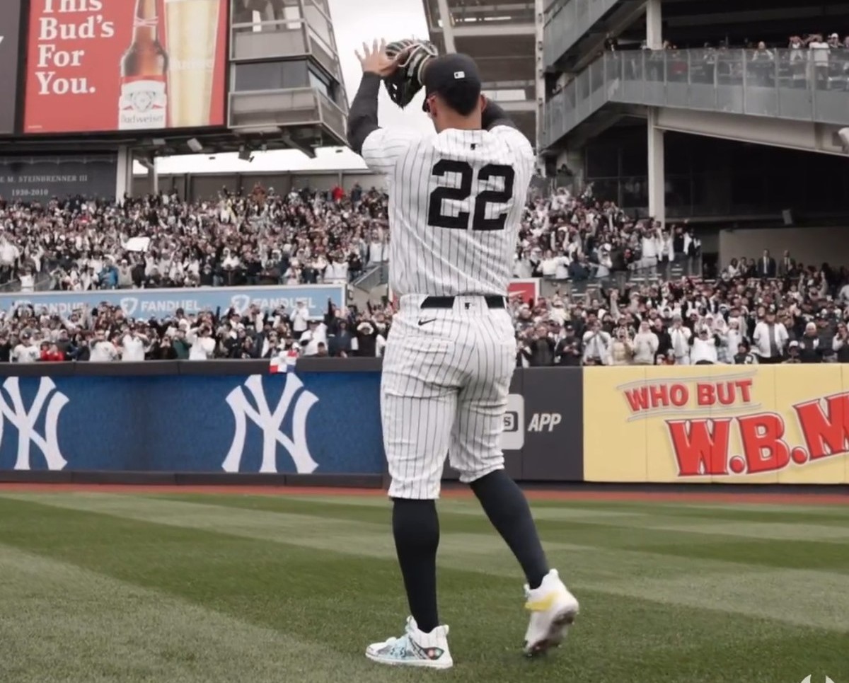 Yankees' Juan Soto responds to cheers as he appears at Yankee Stadium for the first time in pinstripes on April 5, 2024.