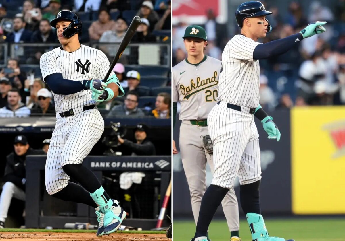 Aaron Judge is in action in the Yankees vs. A's game at Yankee Stadium on April 23, 2024.