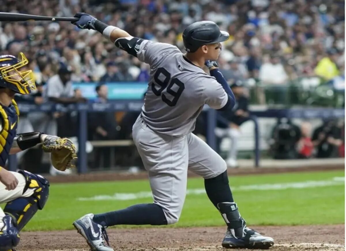New York Yankees’ Aaron Judge hits a two-run home run during the sixth inning of a baseball game against the Milwaukee Brewers Saturday, April 27, 2024, in Milwaukee.