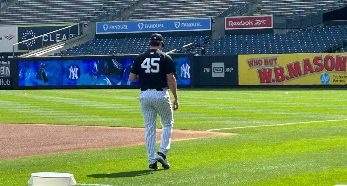 Gerrit Cole minutes before throwing off the mound during a Yankees training session on Saturday, May 4, 2024