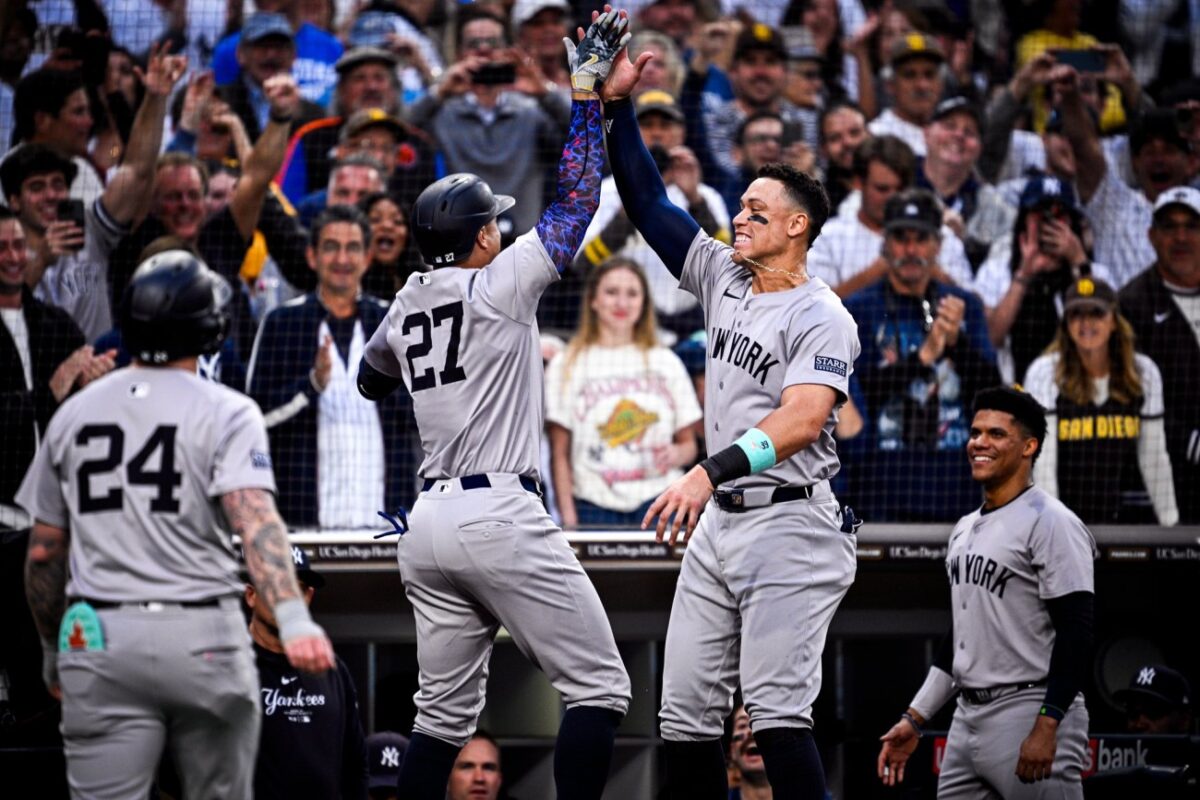 Aaron Judge and Giancarlo Stanton during the Yankees' 8-0 victory over the San Diego Padres, on May 24, 2024.