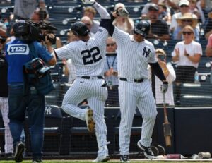 Yankees' Juan Soto celebrates with Anthony Rizzo following his homer against the Tigers at George M. Steinbrenner Field on March 3, 2024.