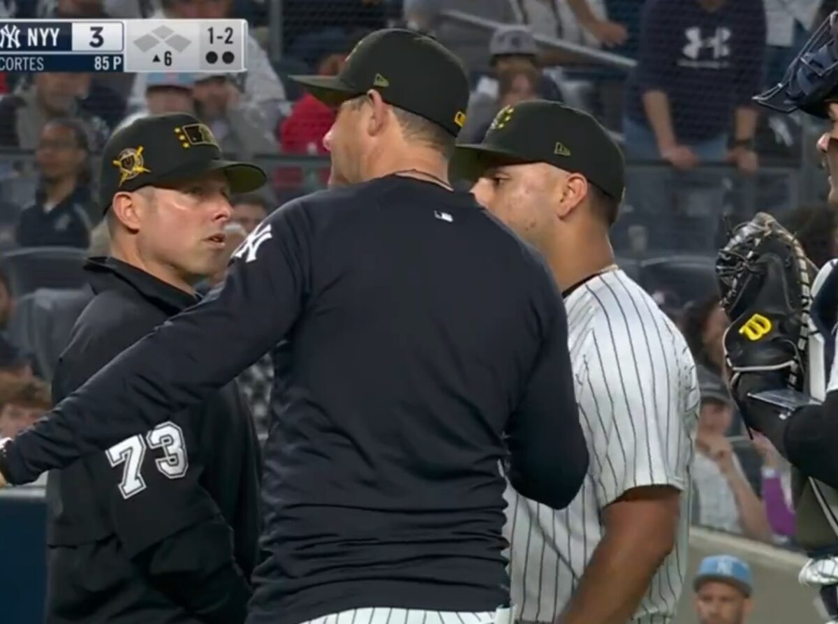 Yankees Nestor Cortes confronts umpire following illegal pitch call against the White Sox on May 17, 2024, at Yankee Stadium.