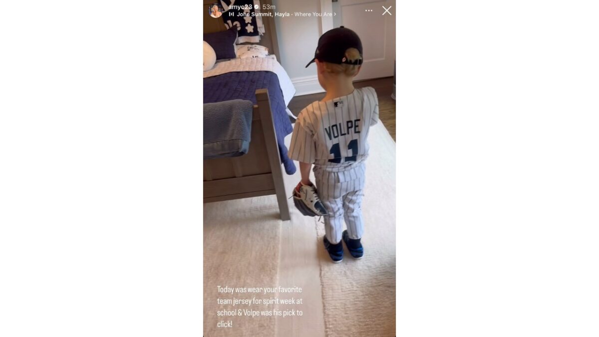 Gerrit Cole's son Caden puts is decked in an Anthony Volpe pinstripes kit.