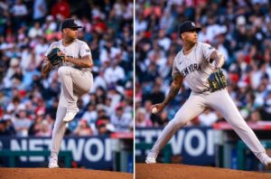 New York Yankees starting pitcher Luis Gil is on the mound against the Angels on May 29, 2024, in Anaheim, Calif.