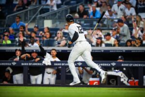 Yankees' Juan Soto flips his bat after hitting a home run vs. the Mariners at Yankee Stadium on May 22, 2024.