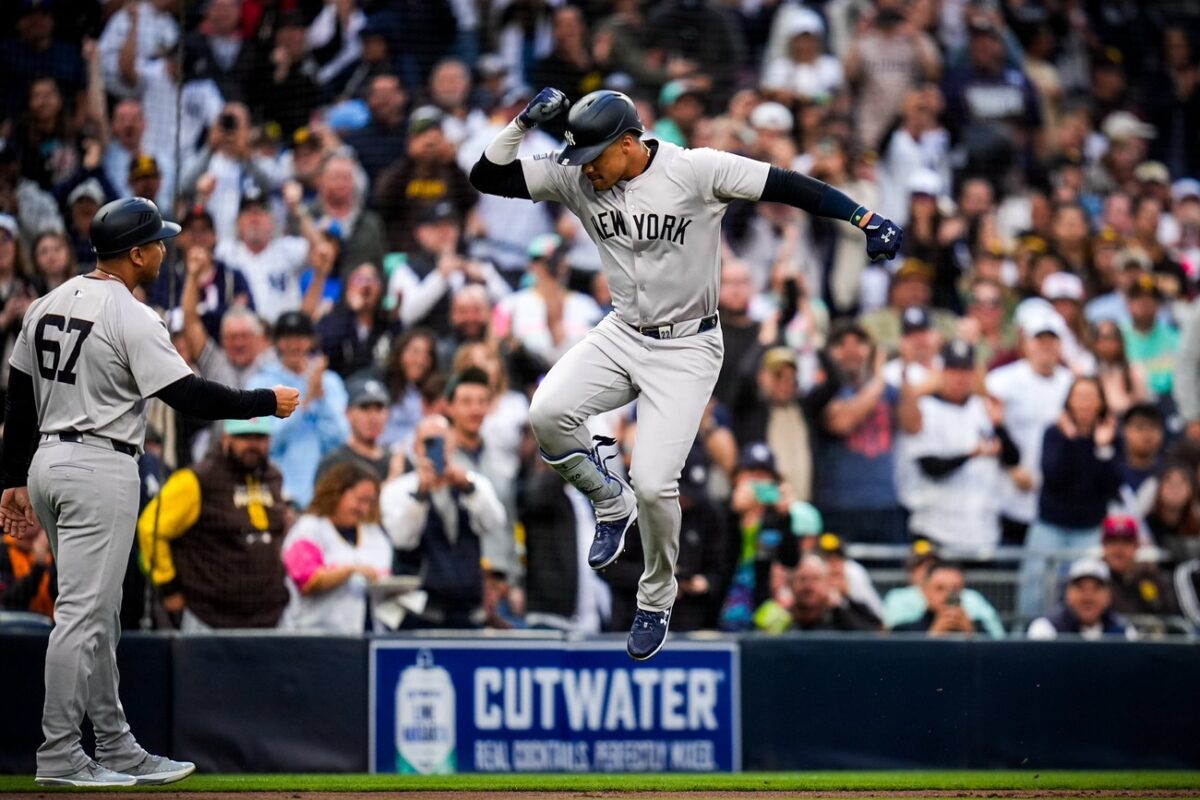 Yankees' Juan Soto jumps to celebrate his homer against the padres that came in the backdrop of boos at San Diego on May 24, 2024.