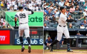 Yankees' Aaron Judge reacts after hitting a homer against the Mariners at Yankee Stadium Thursday, May 23, 2024, in New York.